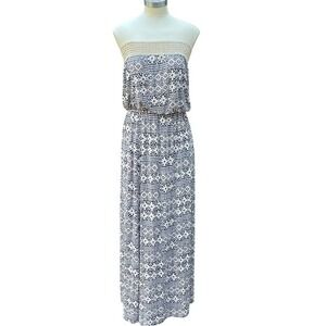 Boboau Women Strapless Maxi Dress Boho Geometric Print Smocked Waist Gold Trim M